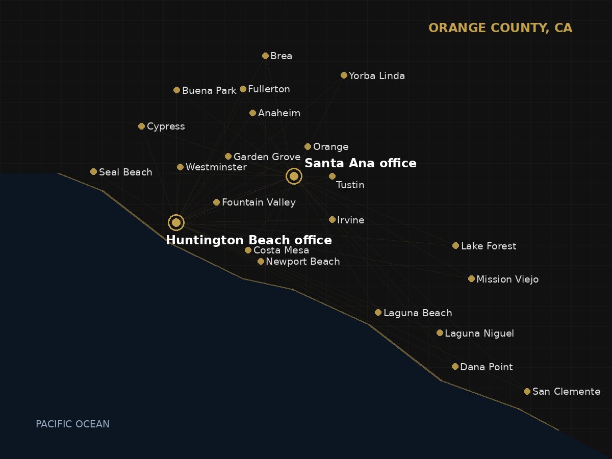 Map of the Wolf Garage Door Services area across Orange County